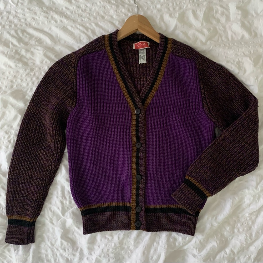Vintage Kenzo Purple Cardigan Wool Grandpa Sweater - Picture 1 of 11